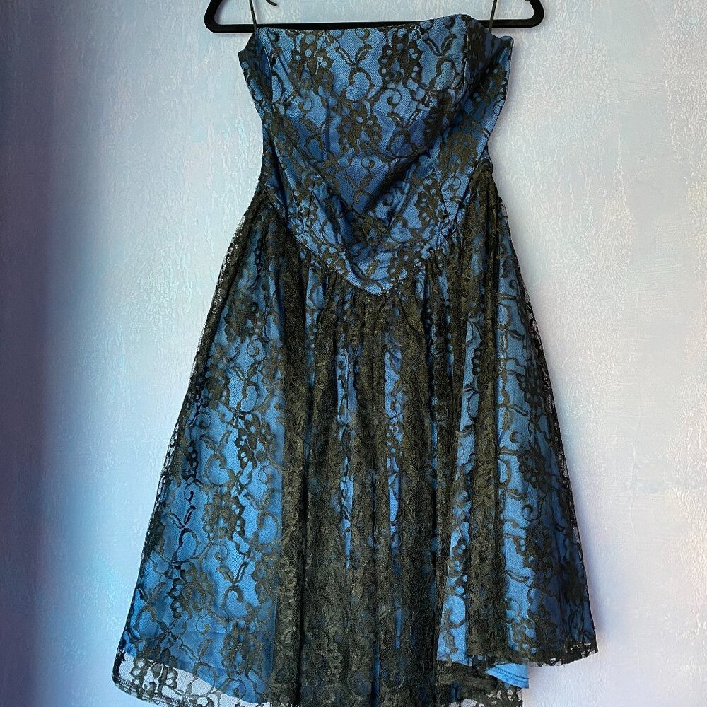 Vintage LA Glo Black and Blue layered lace Strapless Mini Dress